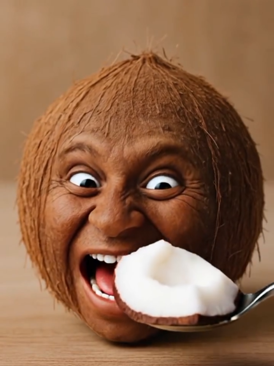 a coconut is eating coconut with spoon #eating #fyp #aiasmr #satisfyingvideo #coconut 