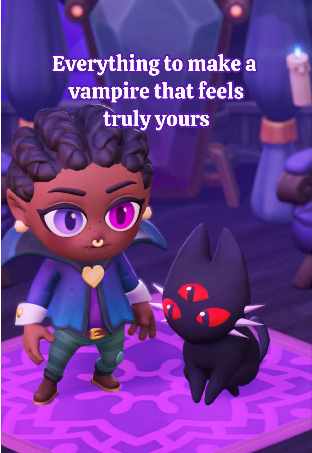 In Moonlight Peaks we wanna make the most inclusive character creator we can, with tons of hairstyles, skin tones, makeup, piercings, clothing, even details like heterochromia! 💜 What options would you love to have? 🦇 #moonlightpeaks #gamedev #cozygames 