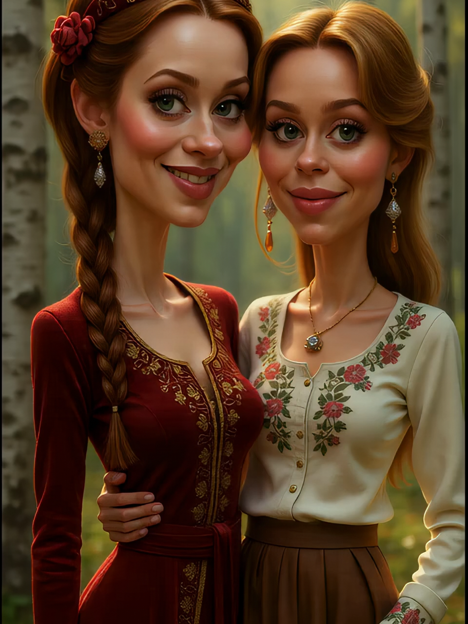 two girls in Russian folklore, where birches and symbols come to life in luxury style 🌿👃👭 #CaricatureDuo #AImodel #AIgenerated #neuralnetwork #virtualmodels #fashion #beauty #digitalart #virtualinfluencer #folkglam #highfashion #birchforest #russiannose #slavicstyle #heritagechic ❤️ Like if this caricature magic has enchanted you! 💬 What exaggerated feature or folklore element do you want in the next duet? 😉