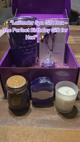 Give the gift of relaxation with this Lavender Self-Care Spa Gift Box 🌸. Complete with scented candles, diamond soap, bath salts, a stainless tumbler, and more, it’s the perfect birthday, anniversary, or just-because surprise for mom, wife, sister, or best friend. 💝 Beautifully packaged and ready to gift – show her how much she means to you with a touch of spa luxury at home. #SpaGiftBox #LavenderLove #SelfCareSet #GiftForHer #RelaxAndUnwind 