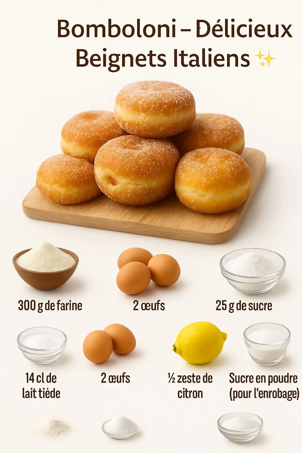🍩 Bomboloni – Délicieux Beignets Italiens ✨ Petits beignets ronds et moelleux, les bomboloni sont une spécialité italienne à déguster au petit-déjeuner avec un cappuccino, ou en pause gourmande. Parfumés au citron, dorés à souhait et garnis selon vos envies (crème, confiture, chocolat…), ils raviront toute la famille 😋 🛒 Ingrédients (6 personnes) 300 g de farine 2 c. à c. de levure de boulanger 25 g de sucre 1 pincée de sel 14 cl de lait tiède 2 œufs 25 g de beurre ramolli ½ zeste de citron Huile de friture Sucre en poudre (pour l’enrobage) 👩‍🍳 Préparation 1. Préparez la pâte Mélangez farine, levure, sucre et sel. Ajoutez le lait tiède, puis les œufs battus. Mélangez bien. Incorporez le beurre ramolli et le zeste de citron. Pétrissez puis laissez reposer 2 h, jusqu’à ce que la pâte double de volume. 2. Façonnage Étalez la pâte sur ½ cm d’épaisseur. Découpez des ronds à l’aide d’un verre. Laissez reposer 30 min. 3. Cuisson Faites chauffer l’huile et plongez-y les bomboloni. Cuisez 2 min de chaque côté jusqu’à dorure. Égouttez-les sur du papier absorbant puis roulez-les dans du sucre. 👉 Résultat : des bomboloni légers, dorés et irrésistibles, à déguster tièdes avec un cœur gourmand au choix 🍫