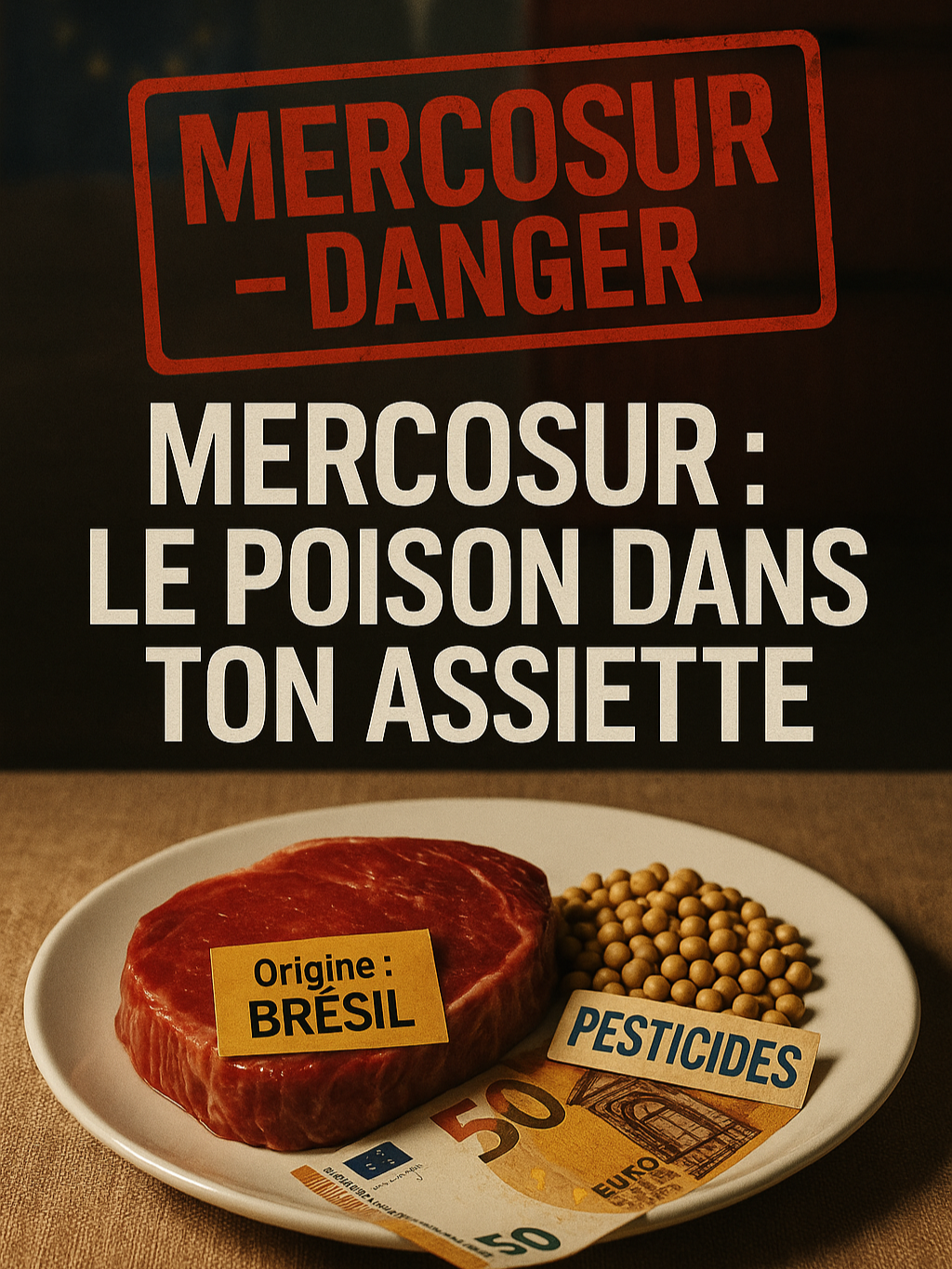⚠️ Le Mercosur vient d’être validé. L’Europe ouvre nos assiettes à des produits interdits chez nous : pesticides bannis, viande hormonée, soja toxique. Moins cher au supermarché ? Oui. Mais le vrai prix, c’est ta santé. #OnTaMenti #Mercosur #Santé #agriculturere #VéritéChoc #Poison