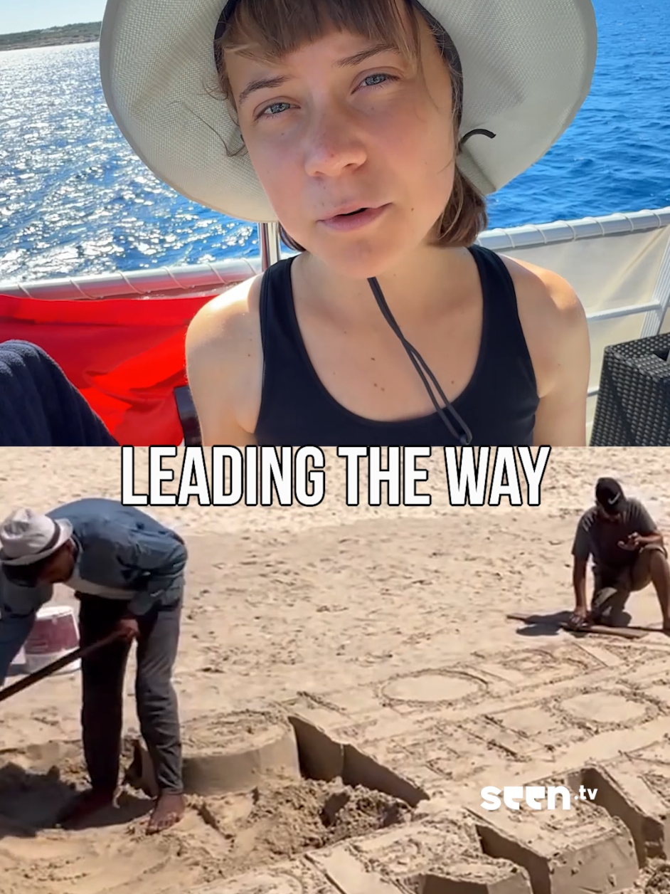 @gretathunberg reacts to a sand mural from Gaza welcoming the flotilla as it makes its way to the strip.