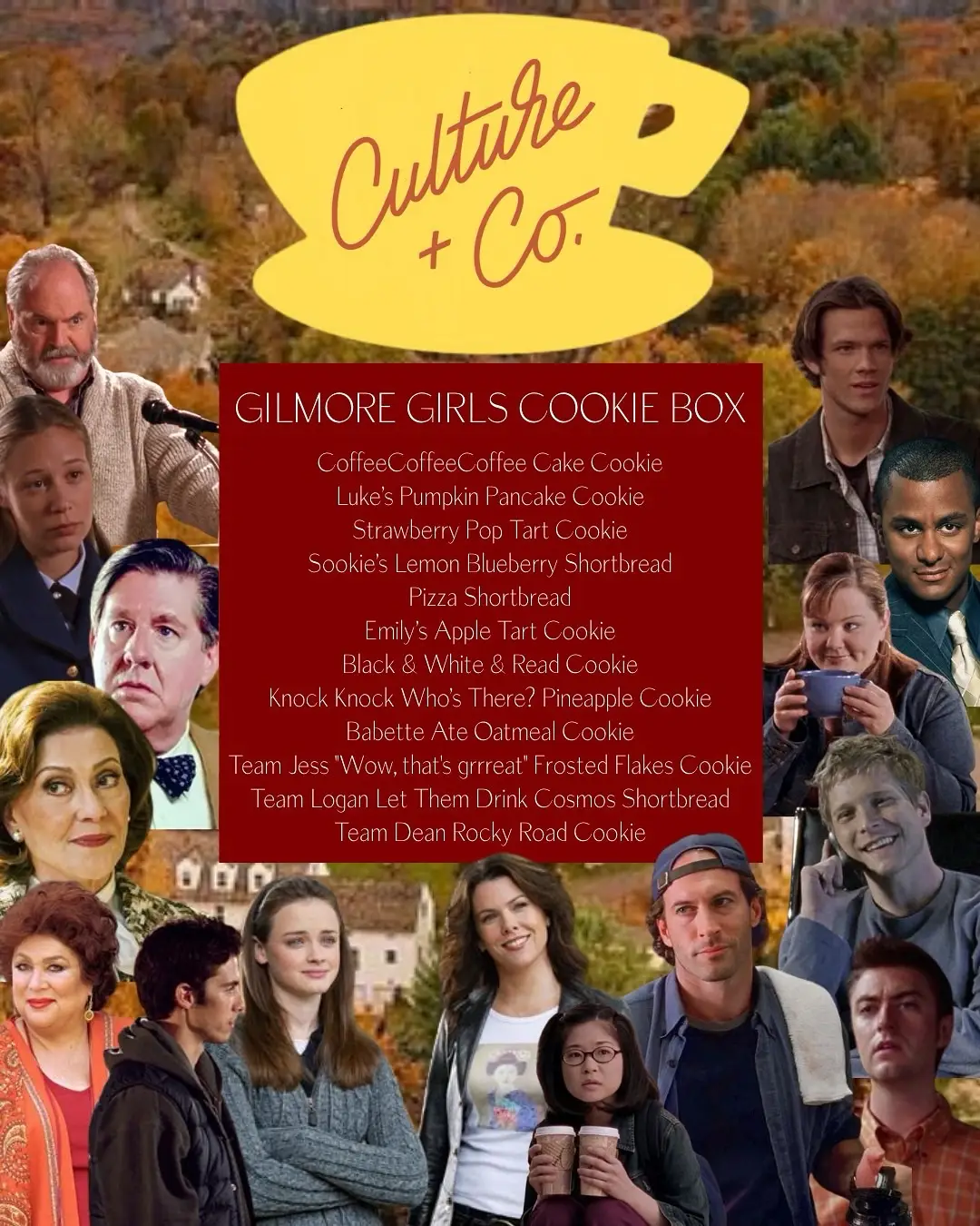 It’s our favorite time of the year and we are celebrating with Gilmore Girls inspired cookies! 12 different cookies inspired by our favorite Fall show! Orders are available on our website, link in bio.  After ordering, please email hello@cultureandco.com to schedule a pickup date and time🍪 #gilmoregirls #fall #cookies #nashville 