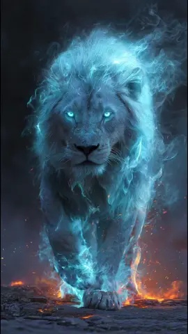Live wallpaper 2025 [A majestic and fierce lion engulfed in glowing blue flames, walking forward with intense determination]