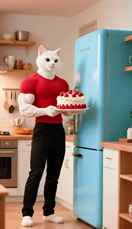 Baby cat eating strawberry shortcake without her father permission  #catstory #catcartoon #cataivideo #cutecat 