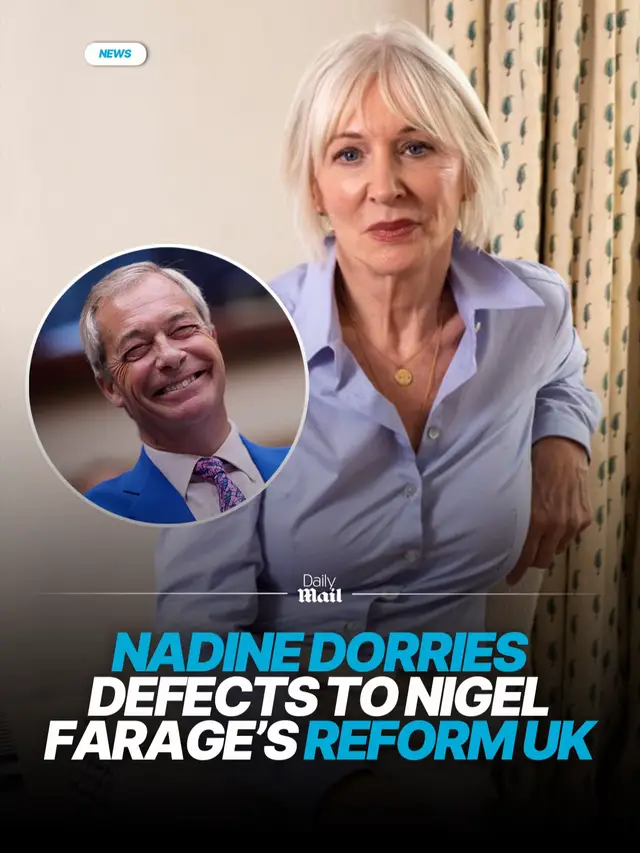 Nadine Dorries has sensationally defected to Nigel Farage's Reform party and declared: 'The Tory Party is dead'. After months of secret negotiations, the former Conservative Culture Secretary is joining forces with the Reform leader as he plots a path to Downing Street. She told the Mail: 'The Tory party is dead. Its members now need to think the unthinkable and look to the future'. Mr Farage said last night: 'I am absolutely delighted to welcome Nadine Dorries to Reform UK. She is a hugely successful politician, author and columnist and will be a great boost to our campaign to win the next General Election.' #nadinedorries #nigelfarage #reform #reformuk #conservatives 