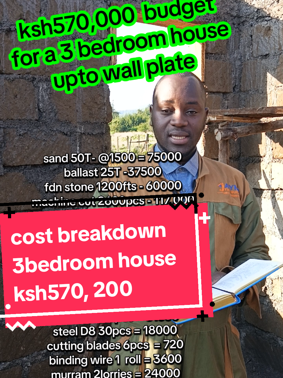 cost of building a 3bedroom house in Kenya  call us today 0704179774 #jaymobuilder #jaymothebuilder #mafundibuilders  #affordablehousing  #3bedroomhouseinkenya   50T- @1500 = 75000 ballast 25T -37500 fdn stone 1200fts - 60000 machine cut 2600pcs - 117,000 cement 150bags - 120000 hoop iron 6 rolls- 7200 dpm polythene 3rolls - 5400 nails 15kgs  @ 180 = 2700 timber 6*1 1200fts = 27,600 poles 25pcs = 4500 antitermite 2L = 5000 steel D10 35pcs = 31500 steel D8 30pcs = 18000 cutting blades 6pcs  = 720 binding wire 1  roll = 3600 murram 2lorries = 24000 Hardcore 2lorries = 24000 Miscellaneous total 570,200
