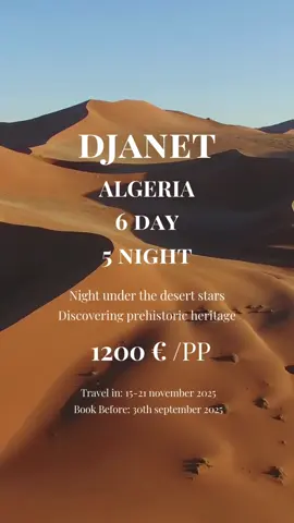Djanet. Six days. Five nights. A desert that never sleeps. Beneath the stars, history comes alive: millennia-old cave paintings, shifting dunes, a silence that speaks louder than a thousand cities. Book your journey. Link in bio. #traveltiktok #traveltok #sahara #algeria🇩🇿 #desertsafari 
