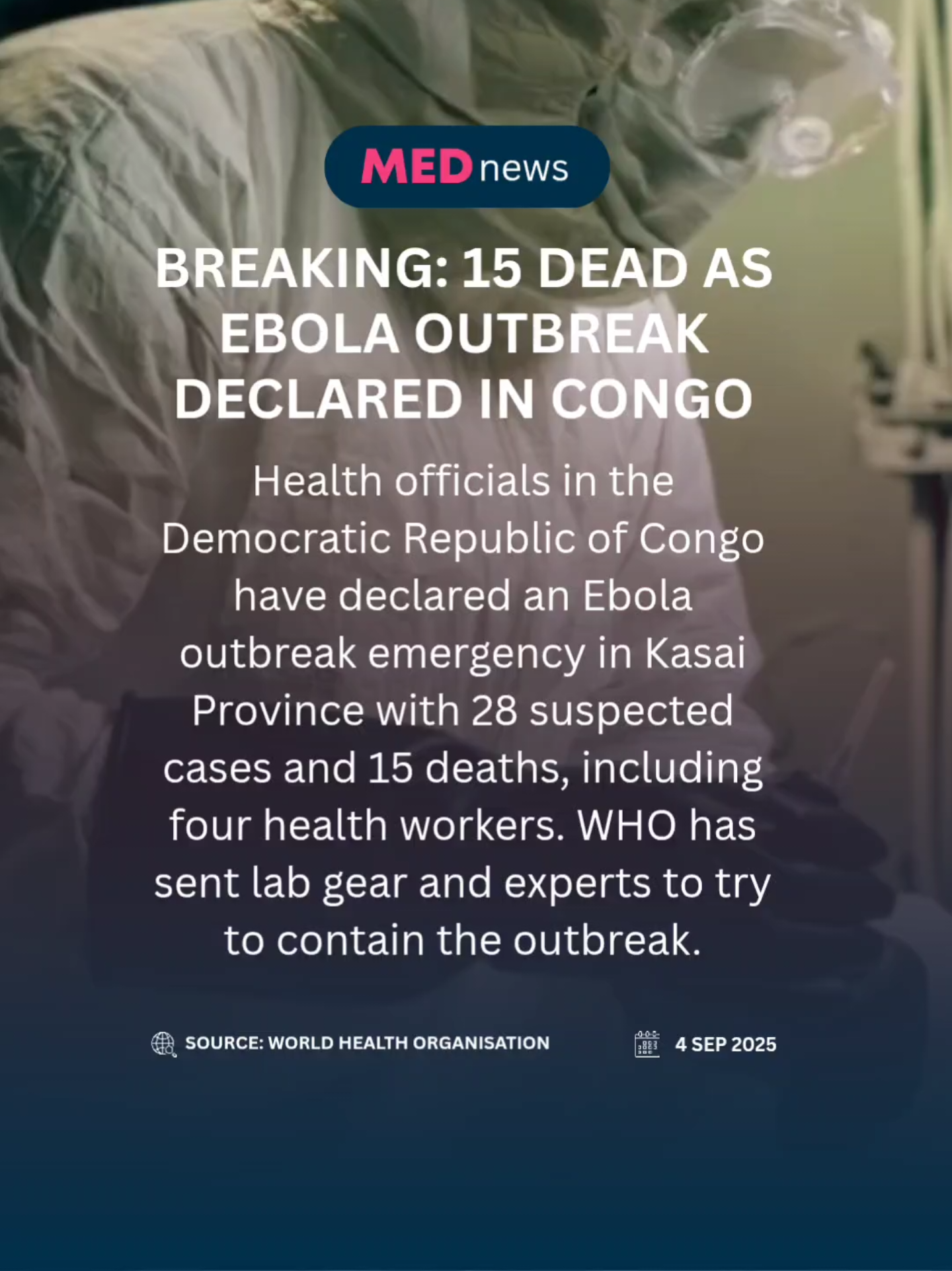 🦠 Ebola outbreak declared in DR Congo’s Kasai Province Health authorities in the Democratic Republic of Congo have confirmed 28 suspected cases and 15 deaths, including four health workers. The first case was a 34-year-old pregnant woman in Bulape. WHO has deployed experts, protective equipment and 2,000 vaccine doses to contain the outbreak in this remote central province. It is the country’s 16th Ebola outbreak, and the first in Kasai since 2008. 📄 Source: WHO - https://www.afro.who.int/countries/democratic-republic-of-congo/news/democratic-republic-congo-declares-ebola-virus-disease-outbreak-kasai-province #Health #Medicine #Ebola #Africa #PublicHealth