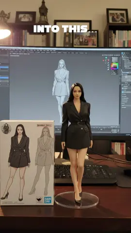 #figurine trend Prompt: Turn this character into a figurine standing on a wooden desk while there is a boxed version besides her and the computer behind her is showing a 3d model of her using the modeling app-zbrush