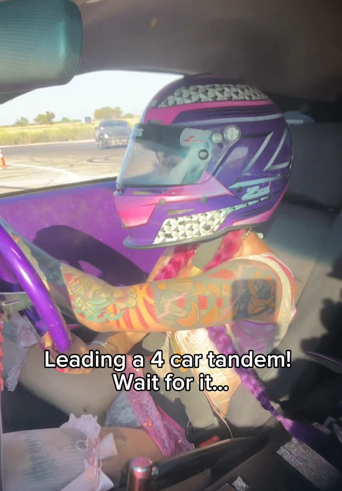 Leading a 4 car tandem Wearing a miniskirt heels and nails! 💅🏼 👠🛞💨Inside cab POV! To all the people that claimed my nails would get in the way and the heels what now. 4 car tandem w no effort stop playin w me!!! #highheels #nailsartvideos #girly #drifting #cars  