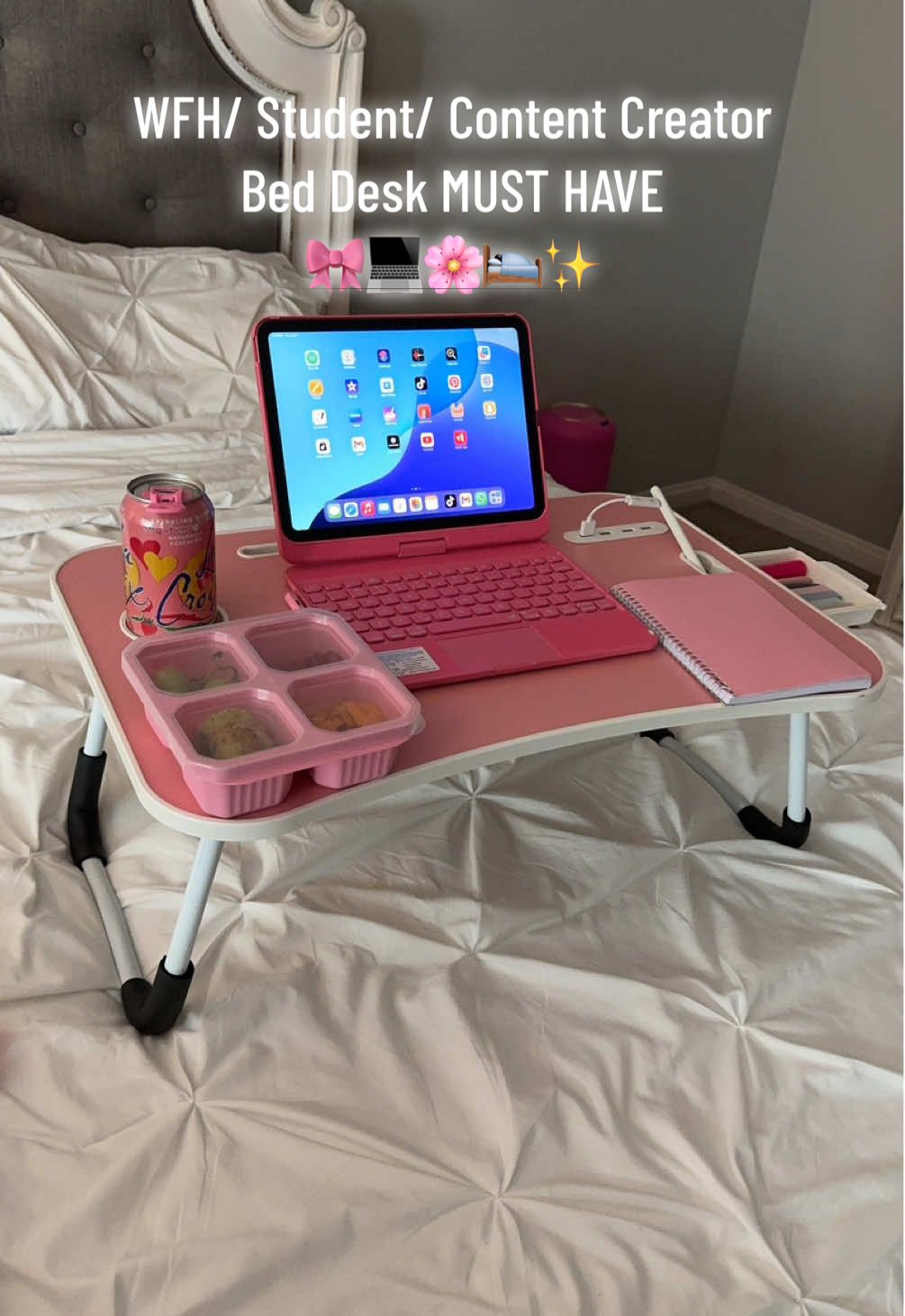 The perfect portable mini desk for content creation, wfh, study or have breakfast in bed 🎀🛌 💻✨ #beddesk #desk #pink #desksetup #bedtray 