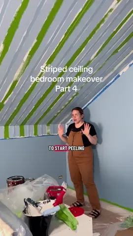 Painting stripes on a ceiling sounds like a huge project, right? Well… it actually is but the right tools make all the difference! The secret? @Handy Products Co. products. [A D] Their paint tray handled my wall rolling, the Pro Pail saved me on the ceiling stripes, and the original Handy Paint Pail is basically glued to my hand for every DIY. Together they make a game changing painting ecosystem! I AM FREAKING OUT ABOUT THESE STRIPES! Are you ready to see the tape pull? Come back for part 5! #HandyPaintPailPartner #handyproducts #handypaint #letspaint #redonegetsthejobdone 