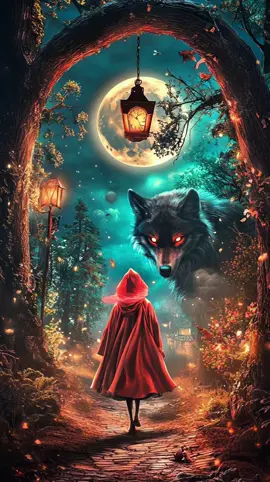 Through the enchanted forest she walks, her crimson cloak glowing under the haunted moon… yet in the shadows, the wolf is waiting. A tale of innocence and danger, where fantasy and fear entwine. #darkfantasy #redridinghood 