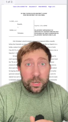 9/4- 10PM EDT — “After Defendants’ unlawful attempt to remove unaccompanied children originally hailing from Guatemala was stopped by a temporary restraining order that was litigated over a holiday weekend, the Court set a briefing schedule on Plaintiffs’ pending Motion to Certify Class (ECF No. 6). Under that schedule, Defendants’ opposition to Plaintiffs’ Motion is due on September 5, 2025. On September 4, at 3:53 pm, counsel for Defendants contacted Plaintiffs’ counsel by email requesting consent to a one-day extension of time. In response, Plaintiffs’ counsel stated that “We are inclined to consent to your extension request, premised on a commensurate extension for the replies to preserve our allotted time. We have become concerned, however, about reports that the administration may be planning events mirroring those of last weekend but targeting other unaccompanied children. “ #ice #immigration #breakingnews #immigrationlawyer #immigrantparents 