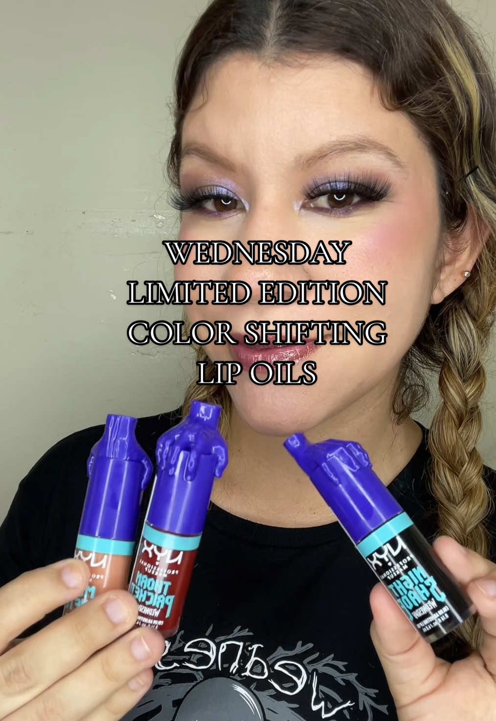 Which lip oil would you wear? Limited edition Wednesday Color shifting lip oils with 12 hr high shine hydration! These shades are perfect for spooky season alone or with a lip liner🖤 Lip oil shades: Thorn Pricked Moon Shifted  Night Shade #lipoils #lipgloss #wednesdayaddams #affordablemakeup  @NYX Professional Makeup 