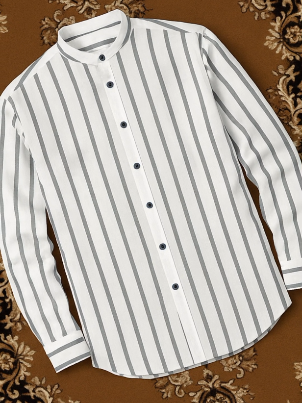 Kemeja koko pria dewasa, tampilan mewah dengan warna putih dan motif garis hitam ke bawah #kemejamewah #kemejakokopria 
