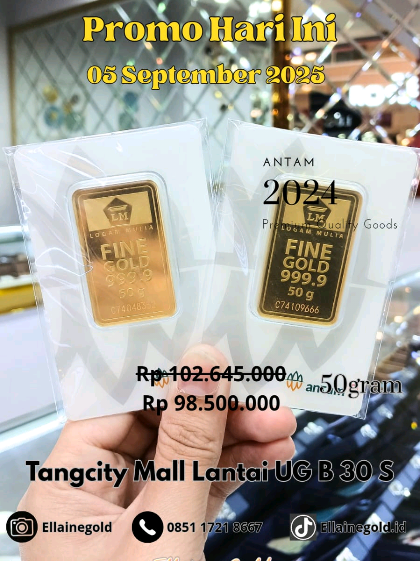 SALE !!! 🎉🎉🎉 Dapatkan Harga menarik khusus hari ini kamu bisa dapatkan Emas Logam Mulia Antam 50gr dengan harga Rp 98.500.000 aja loh, produk terbatas  Untuk produk dengan harga normal bisa cek status setiap harinya yah. Ayo buruan beli sebelum kehabisan 😉 Yang mau buyback juga bisa yaah, kami kasih harga tinggi loh 👏 🔥 #antam #logammuliaantam  #emasbatangan #gold #jualbeliemasantam