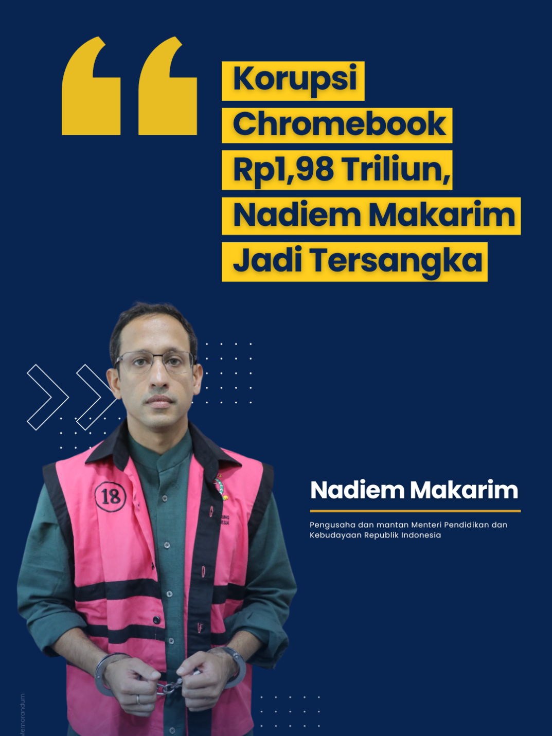 Jaksa Agung Muda Bidang Tindak Pidana Khusus (Jampidsus) menetapkan NAM, Menteri Pendidikan, Kebudayaan, Riset, dan Teknologi periode 2019–2024, sebagai tersangka dalam kasus dugaan korupsi program digitalisasi pendidikan. Pengumuman ini disampaikan pada Kamis, 4 September 2025, setelah dilakukan serangkaian pemeriksaan dan pengumpulan bukti. Penetapan tersangka dilakukan berdasarkan keterangan 120 saksi, 4 ahli, serta berbagai dokumen dan petunjuk lain yang dikumpulkan penyidik. Dugaan korupsi ini berkaitan dengan pengadaan perangkat Teknologi Informasi dan Komunikasi (TIK) berupa Chromebook pada tahun 2019 hingga 2022. Kasus bermula pada Februari 2020, ketika NAM masih menjabat sebagai Mendikbud, mengadakan pertemuan dengan pihak Google Indonesia. Dalam pembahasan, disepakati penggunaan Chromebook dan sistem ChromeOS untuk mendukung program pendidikan digital. Rapat-rapat lanjutan bersama jajaran kementerian disebut turut mengarahkan agar produk tersebut masuk ke dalam proyek pengadaan, meskipun sebelumnya uji coba Chromebook di tahun 2019 dinilai gagal untuk sekolah-sekolah di wilayah 3T. NAM juga disebut menerbitkan aturan teknis pada 2020–2021 yang secara spesifik mengunci penggunaan ChromeOS. Akibatnya, proses pengadaan diduga tidak lagi terbuka untuk produk alternatif lain. Kerugian negara akibat proyek ini diperkirakan mencapai Rp1,98 triliun dan kini masih dalam perhitungan BPKP. Atas perbuatannya, NAM disangkakan melanggar UU Pemberantasan Tindak Pidana Korupsi serta sejumlah aturan terkait pengadaan barang dan jasa. Saat ini, NAM ditahan di Rutan Salemba Cabang Kejaksaan Negeri Jakarta Selatan untuk 20 hari ke depan. #Korupsi #KejaksaanAgung #NAM #Chromebook #Kemendikbudristek 