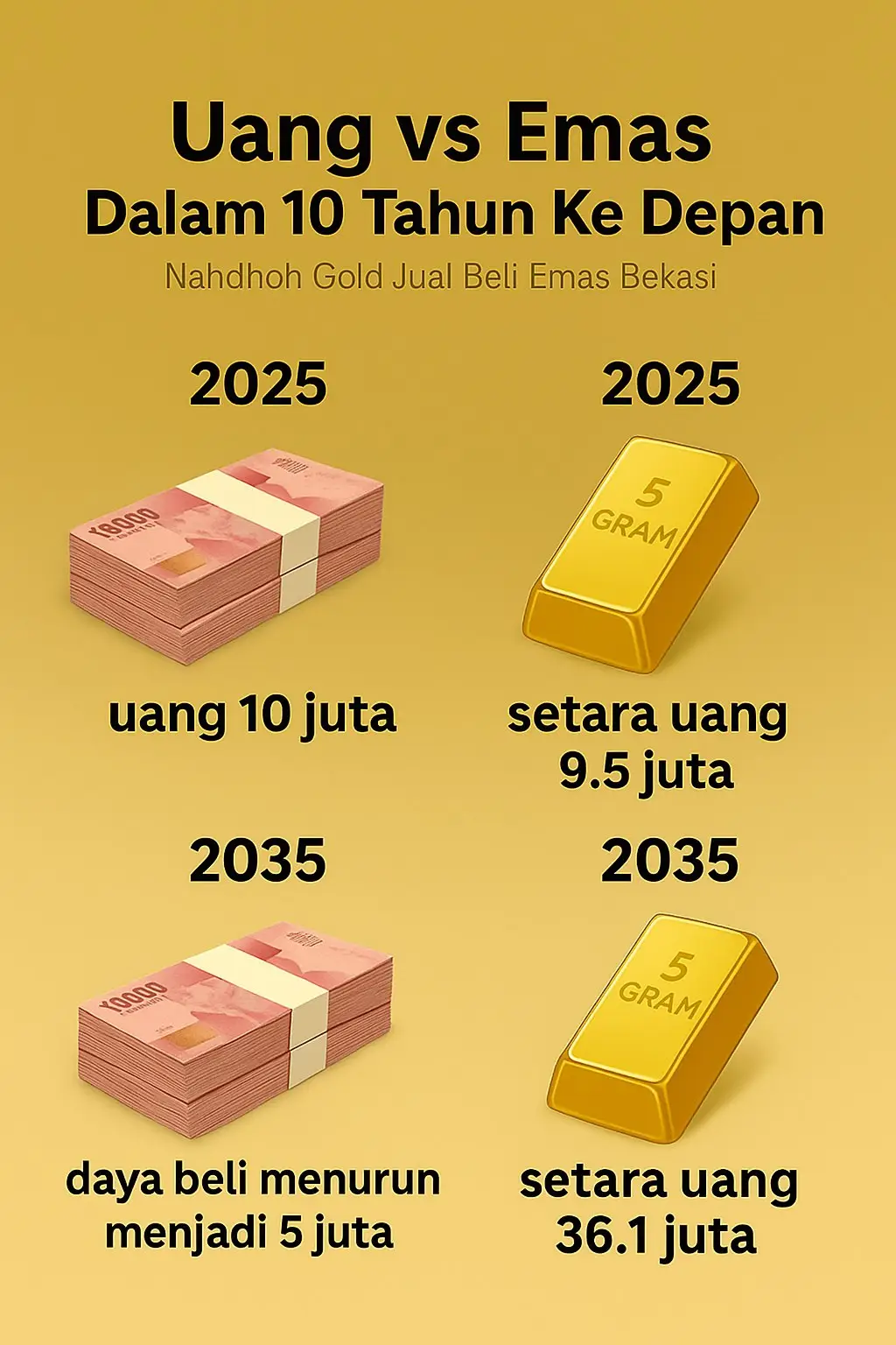 💸 Duit 10 juta (Rp10.000.000) * Kalau hanya disimpan (tabungan, kas, celengan) → nilainya akan tergerus inflasi. * Rata-rata inflasi di Indonesia dalam 10 tahun terakhir 3–5% per tahun. * Dengan asumsi inflasi 5%/tahun, maka daya beli Rp10 juta menyusut sekitar 50% dalam 10 tahun. 👉 Artinya, 10 juta sekarang ≈ hanya setara 5 juta dalam daya beli tahun 2035. 🪙 Emas 5 gram * Harga emas 10 tahun lalu (2015) sekitar Rp500 ribu/gram → 5 gram ≈ Rp 2.500.000 juta. * Harga emas 2025 (sekarang) sekitar Rp1.900.000 juta/gram → 5 gram ≈ Rp 9.500.000 juta. * Naik ± 380% dalam 10 tahun.  Jika tren serupa berlanjut, 10 tahun ke depan (2035) emas bisa: * Minimal Rp 7.220.000 juta/gram → 5 gr ≈ Rp 36.100.000 juta. * Bisa lebih tinggi kalau kondisi global kacau (krisis, dolar melemah, dll). 👉 Jadi emas cenderung melipat gandakan nilai, sementara uang kertas menyusut daya belinya. --- Kamu mau jual emas mu tapi tidak bisa antri ke toko emas ? Hubungi saja kami, kami akan datang ke rumah mu ☺️ DM atau wa 089516009675 sekarang 🤗 #fakta #inflasi #gold #resesi #simpanemas 