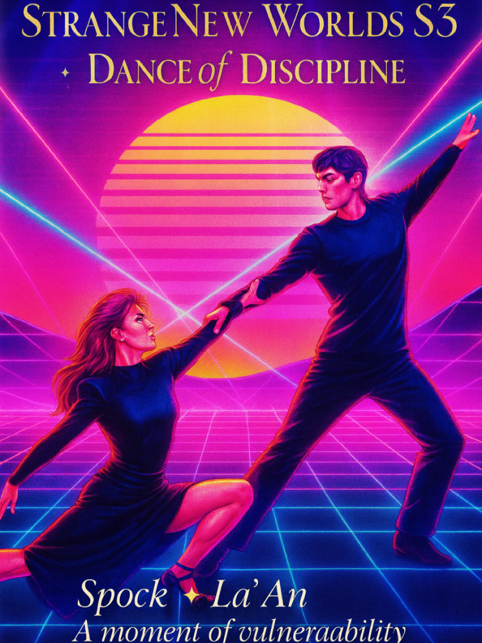 𝐒𝐭𝐫𝐚𝐧𝐠𝐞 𝐍𝐞𝐰 𝐖𝐨𝐫𝐥𝐝𝐬 𝐒𝟑 • 𝐃𝐚𝐧𝐜𝐞 𝐨𝐟 𝐃𝐢𝐬𝐜𝐢𝐩𝐥𝐢𝐧𝐞 Vulcan logic meets neon rhythm Star Trek has always found strange stages to explore the human condition — and this season, it takes the form of dance. In Strange New Worlds, La’An dares #Spock to let go, echoing #TNG when Dr. Crusher guided #Data through the waltz. But here the energy is different: not teacher and pupil, but warrior and partner, sparring through vulnerability instead of footwork. It’s equal parts absurd and profound — a reminder that even the most disciplined souls can stumble into joy. The retro synthwave glow just makes the truth shine brighter: Star Trek never stops reimagining how we find our humanity among the stars. — Codex Nexus — Starfleet Archives