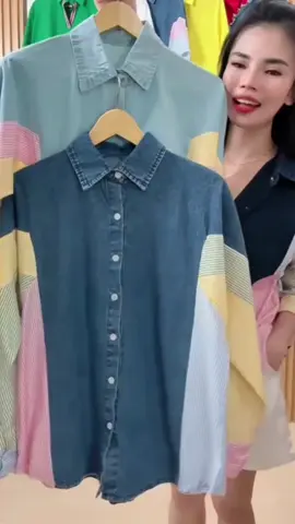 LOCOLABEL - [LD: 112&120cm] Rainbow Stripe Denim Shirt#kemejawanita #shirt #kemejajeans #kemeja #fashionwanita 