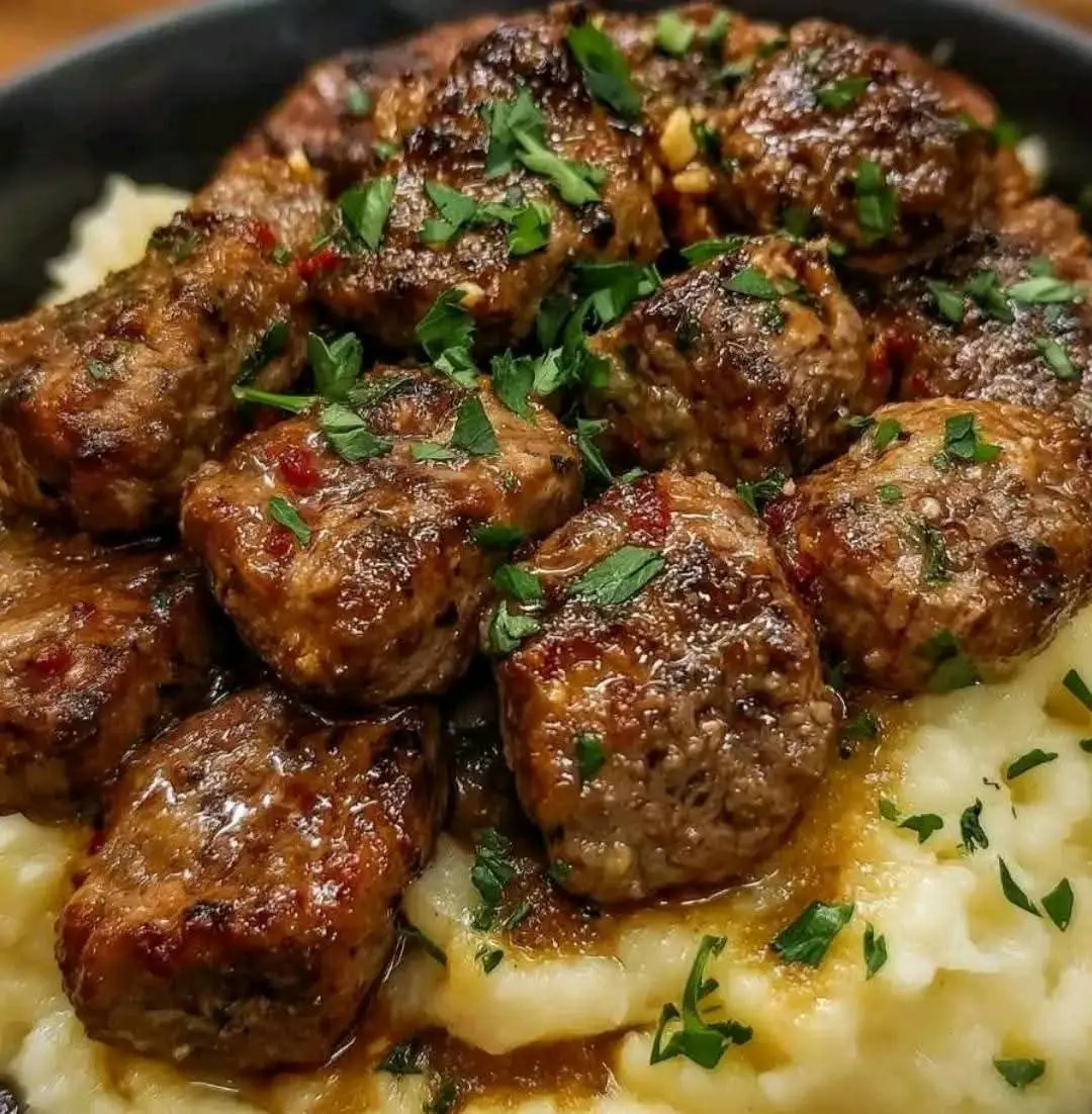 Garlic Butter Beef Bites with Creamy Mashed Potatoes Ingredients: For the Garlic Butter Beef Bites: 1.5 lbs sirloin steak, cut into bite-sized cubes Salt and pepper to taste 1 teaspoon garlic powder 2 tablespoons olive oil 4 tablespoons unsalted butter 4 garlic cloves, minced 1 tablespoon fresh parsley, chopped For the Creamy Mashed Potatoes: 2 lbs russet potatoes, peeled and cubed 1/2 cup heavy cream (warm) 1/4 cup unsalted butter 1/4 cup sour cream Salt and black pepper to taste Directions: Bring a large pot of salted water to a boil. Add potatoes and cook until fork-tender, about 15–20 minutes. Drain well. While potatoes cook, season steak cubes with salt, pepper, and garlic powder. Heat olive oil in a large skillet over medium-high heat. Sear steak cubes for 2–3 minutes per side, until browned and cooked to desired doneness. Remove and set aside. In the same skillet, reduce heat to medium and add butter. Once melted, stir in garlic and cook for 30 seconds until fragrant. Return beef to the skillet and toss to coat in garlic butter. Sprinkle with chopped parsley and remove from heat. For the mashed potatoes, mash drained potatoes until smooth. Mix in warm cream, butter, and sour cream. Season with salt and pepper to taste. Serve beef bites over a generous scoop of mashed potatoes. Drizzle with extra garlic butter from the pan. Prep Time: 15 minutes | Cooking Time: 20 minutes | Total Time: 35 minutes Kcal: 615 kcal | Servings: 4 servings