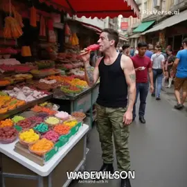 Wade paseando por el mercado comiendo una paleta de hielo viendo los puestos de fruta y dulces.