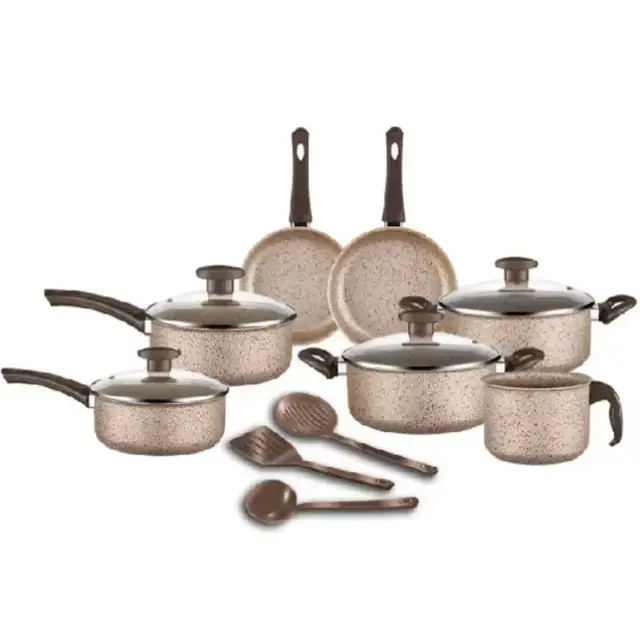 Dê uma olhada em Jogo de Panelas Antiaderente 10 Peças Bianco D'Itália Cabo Marrom - Tampa de Vidro e Utensílios por R$209,90 - R$219,00. Compre na Shopee agora! https://s.shopee.com.br/30eMZpaB72