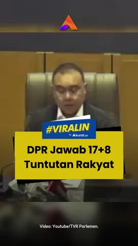 Dewan Perwakilan Rakyat (DPR) RI akhirnya menanggapi tuntutan 17+8 rakyat dengan mengeluarkan enam poin keputusan hasil rapat konsultasi pimpinan DPR bersama fraksi-fraksi.  Pernyataan tersebut dibacakan oleh Wakil Ketua DPR, Sufmi Dasco Ahmad, pada Jumat (5/9/2025). Dasco menyampaikan, rapat konsultasi digelar pada Kamis (4/9/2025) dan menghasilkan sejumlah langkah konkret yang berkaitan dengan pemangkasan fasilitas, moratorium perjalanan dinas, serta peningkatan transparansi di parlemen. 🎥: Youtube/TVR Parlemen. #viral #dpr #sufmidasco #tuntutanrakyat #akuratco
