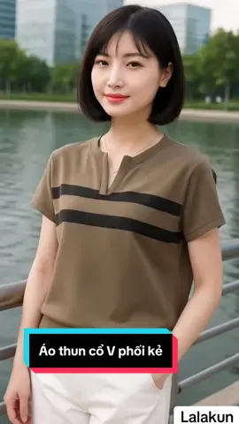 Áo thun cổ V phối kẻ l trẻ trung #thoitrangnu #viralvideo #xuhuong .