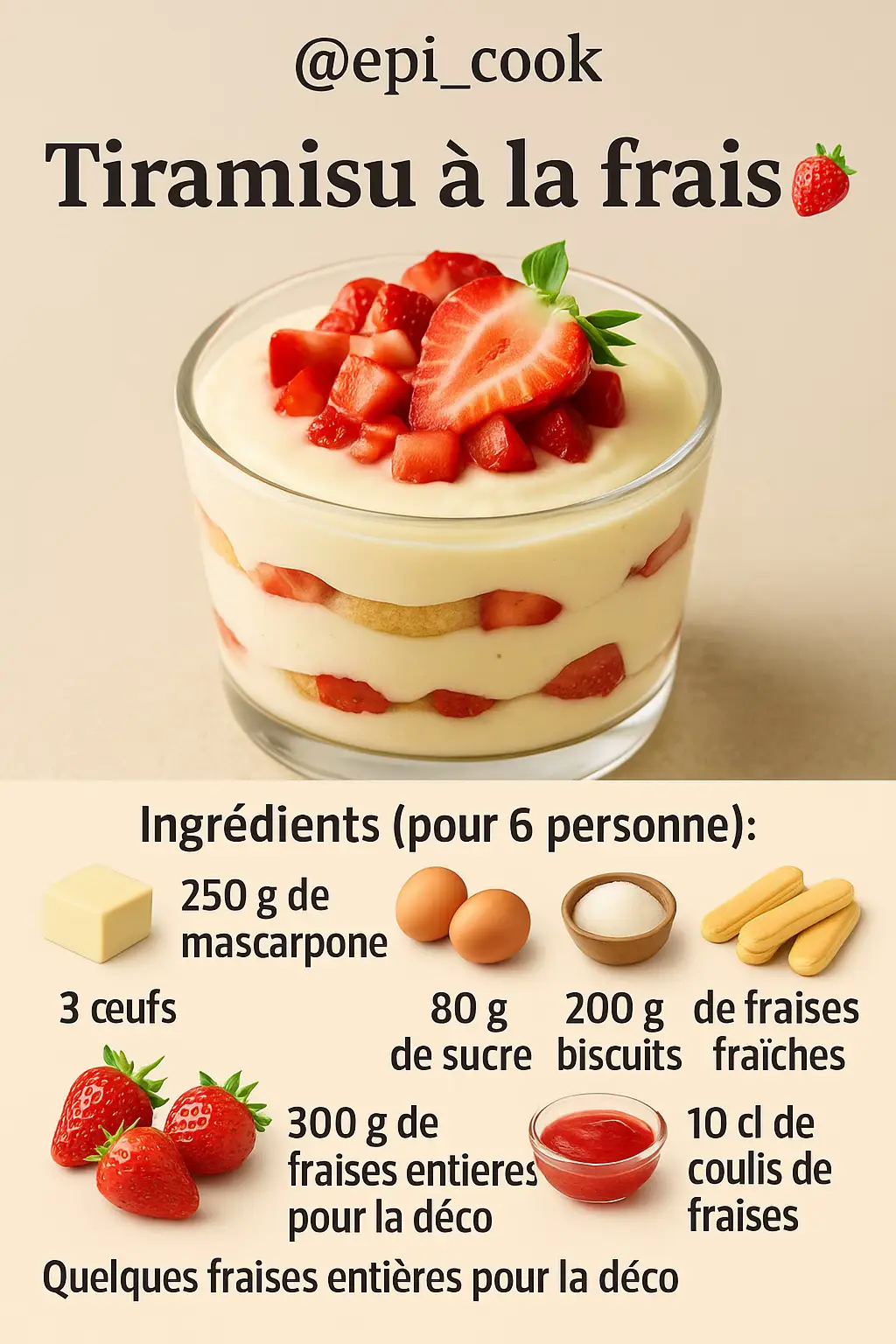 Ingrédients (pour 6 personnes) : 	•	250 g de mascarpone 	•	3 œufs (blancs et jaunes séparés) 	•	80 g de sucre 	•	200 g de biscuits à la cuillère 	•	300 g de fraises fraîches 	•	10 cl de coulis de fraises (ou sirop dilué) 	•	Quelques fraises entières pour la déco ⸻ 1. Préparer la crème 	•	Séparer les blancs des jaunes. 	•	Fouetter les jaunes avec le sucre jusqu’à blanchiment. 	•	Ajouter le mascarpone et bien mélanger. 	•	Monter les blancs en neige et les incorporer délicatement. ⸻ 2. Préparer les fraises 	•	Laver et équeuter les fraises. 	•	Les couper en morceaux (garder quelques fraises entières pour la déco). ⸻ 3. Montage 	•	Tremper rapidement les biscuits dans le coulis de fraises. 	•	Disposer une première couche de biscuits dans un plat. 	•	Ajouter une couche de crème puis des morceaux de fraises. 	•	Répéter l’opération et terminer par une couche de crème. ⸻ 4. Finition 	•	Décorer avec des fraises fraîches et un filet de coulis. 	•	Réserver au frais minimum 4h. ⸻ 👉 Résultat : un tiramisu frais, fruité et léger, idéal pour le printemps et l’été 🌸🍓 #recettefacile #faitmaison #cuisinefacile #FoodTok #SatisfyingDessert 