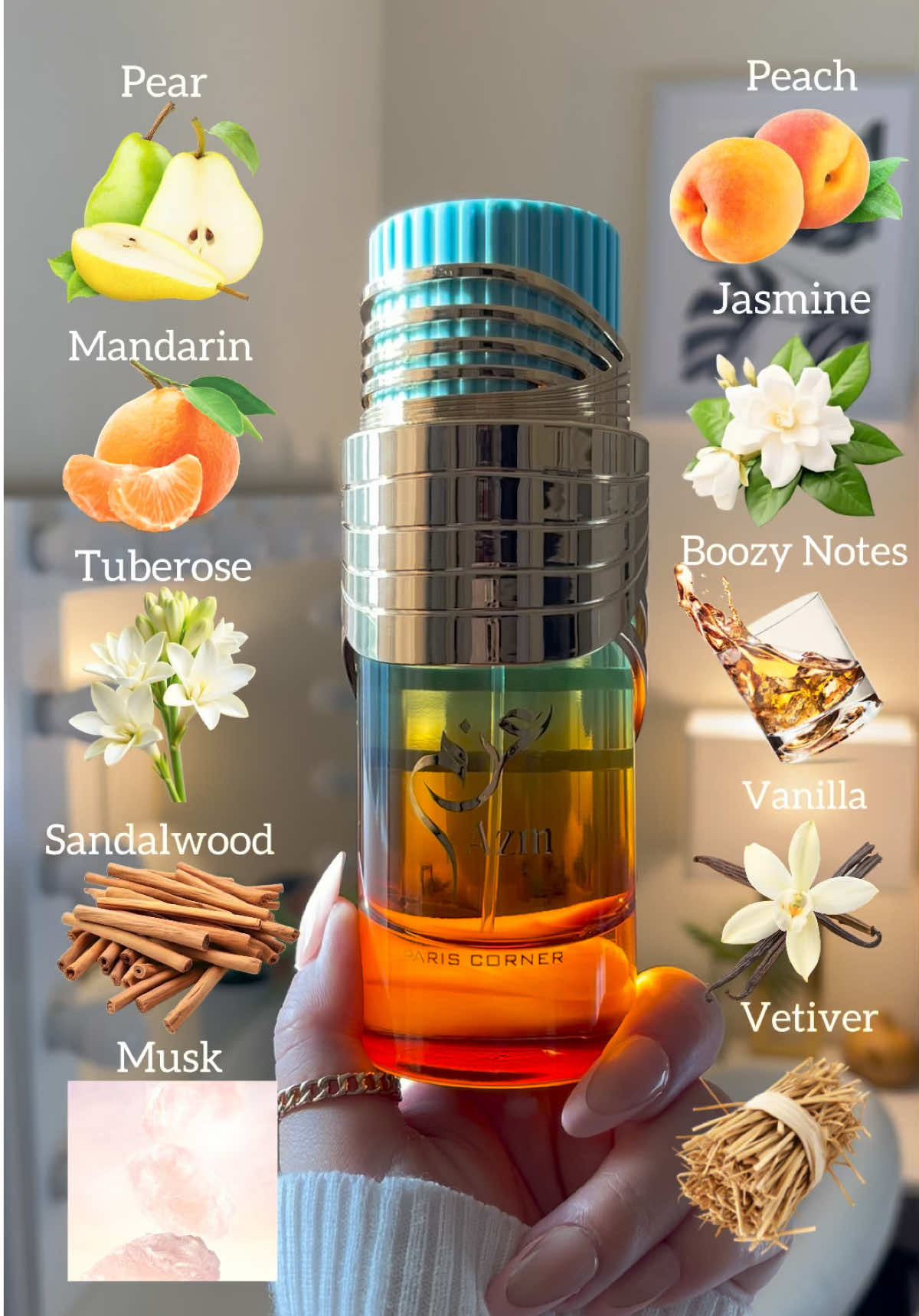 AZM 🍑🌸@Paris Corner Official   New Arabian perfume fruity floral that smells like luxurious, sexy & delicate peach 🍑🌸✨   🍑🌸Top: Pear, Peach, Mandarin, Rum. 🍑🌸Middle: Jasmine, Tuberose. 🍑🌸Base: Vanilla, Sandal Wood, Vetiver, Musk. Click the orange cart to shop!🛍️    @AROMA CONCEPTS FL   #pariscornerperfumes#arabianperfume#perfumetiktok#perfumetok#AromaConcepts 