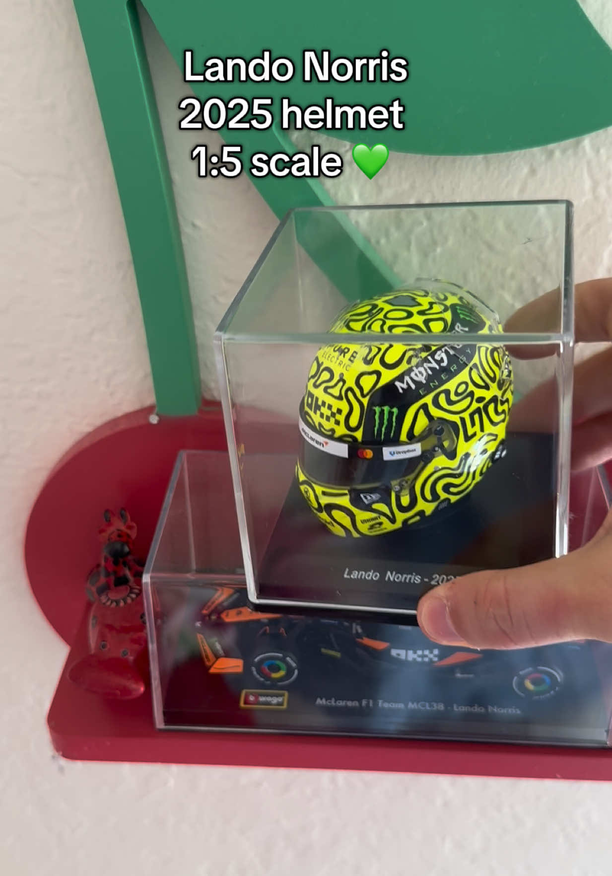 Been waiting for this beauty since February and now she’s here 💚 @LN⁴  Welcome home my first ever mini helmet!! #formula1 #landonorris #ln4 #f1merch #mclarenf1 