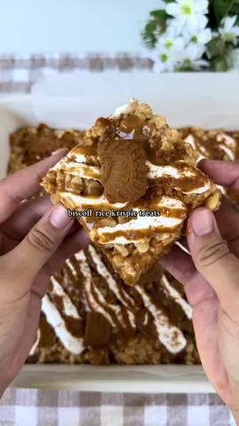 Biscoff Rice Krispie Treats ✨ These are one of my all time favorite things to make and they’re so easy!  (recipe makes one 9x13 pan) Ingredients: 4 tbsp unsalted butter ¼ cup biscoff cookie butter 14 oz mini marshmallows, divided ½ tsp vanilla + pinch salt (optional) 6 cups Rice Krispies 12 Biscoff cookies, chopped Optional: marshmallow fluff, cookie butter, and crushed biscoff cookies for topping (i measure this part with my heart) Instructions: Melt butter in a large pot over medium low heat. Add 10 oz marshmallows and mix until smooth. Mix in cookie butter until combined. Optional: add vanilla and salt. Turn off the heat and fold in rice krispie cereal, crushed cookies, and 4 oz mini marshmallows. Press into a lined 9x13 pan. Let it cool just slightly. Drizzle with warmed cookie butter and marshmallow fluff. Sprinkle extra biscoff crumbs on top, enjoy!  #bakingrecipe #biscoff #ricekrispietreats #fallrecipes #EasyRecipe  