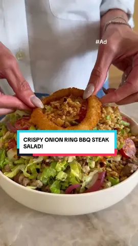 @kalejunkie #Ad CRISPY ONION BBQ STEAK SALAD—because crispy rice was fun and all, but have you ever topped your salad with crispy onion rings? NEXT LEVEL. Thanks to @Alexia Foods Crispy Onion Rings for helping me turn an ordinary weeknight salad into something fun and gourmet that the entire family loved! I always have Alexia frozen sides in my freezer and often lean on them to help me get dinner on the table quickly—their products are non-GMO and always win the texture and flavor game. Grab their Crispy Onion Rings at a retailer near you and make this salad stat! #AlexiaInspired  #GourmetEverydayAlexia  Salad 1 bag Alexia Foods Crispy Onion Rings 3 cups romaine lettuce, chopped 3/4 cup cooked black beans, drained and rinsed 3/4 cup corn  1/2 cup pickled onions 1 cup cherry tomatoes, halved 1 avocado, chopped 1/2 cup cheddar cheese, shredded Steak 1 lb flank steak 1 tsp paprika 1 tsp garlic powder 1 tsp kosher salt 1 tsp ground black pepper 2 tb avocado oil BBQ ranch dressing 8 oz cottage cheese 1/2 cup bbq sauce 1 clove garlic 1 tsp onion powder 1 tsp dried fill 1 tsp dried parsley First, cook your Alexia onion rings according to package instructions. Once they come out of the oven, chop finely so it can be a salad topping. Next, prepare the dressing. Add all ingredients to a blender and blend until smooth, then set aside. After that, move on to the steak. Pat the steak dry and season both sides with the seasonings listed above. Heat a large skillet over medium heat and add the avocado oil. Once the pan is HOT, add the steak. Let cook undisturbed for 3-4 minutes, then flip to the other side and let cook for 3-4 minutes more. Remove from heat and let rest for 10 minutes, before cutting into cubes. Finally, prepare the salad. In a large bowl, add the romaine, beans, corn, pickled onions, tomatoes, avocado and cheese. Add steak on top, followed by the crispy onion ring pieces. Pour dressing on top, toss and enjoy right away.