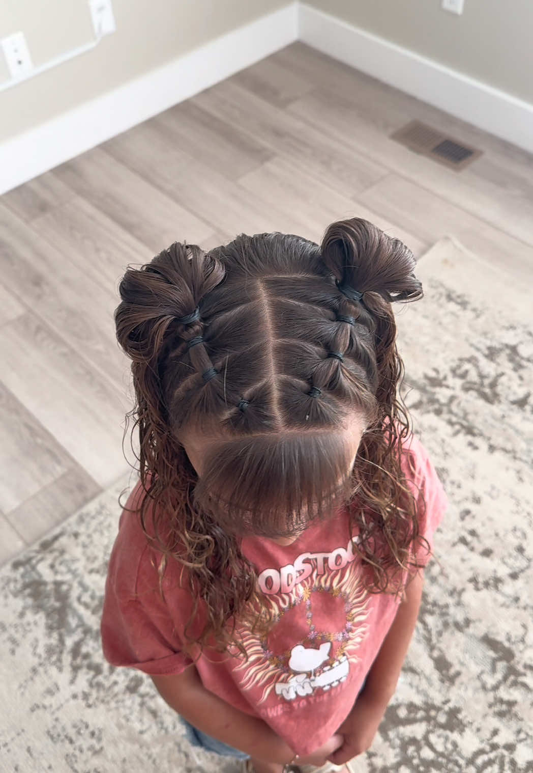 This hairstyle took about 8 minutes! Her hair is thick and long so it could definitely take less time with shorter hair! #toddlerhairstyles #toddlerhairtutorials #schoolpicturehairstyles #simplehairstyles #fyp 