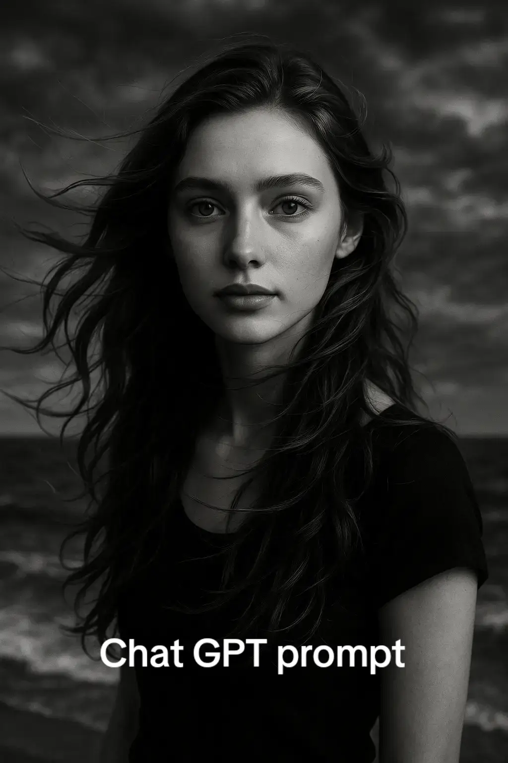 #chatgpt #photo #prompt #tutorial  Prompt: Create a stunning black and white portrait of the subject in the reference photo standing by the windy sea, long hair flowing dramatically in the wind. Romantic mood, cinematic lighting with deep contrast, dramatic sky filled with textured clouds, ultra-detailed facial features faithful to the reference. Magazine cover composition with soft focus on background waves and sharp, elegant detail on the subject. Fashion editorial aesthetic with high realism. Created using the look of medium format black and white fine-art photography, cinematic exposure, glossy fashion retouch, chiaroscuro lighting, high dynamic range, and ultra-detailed rendering in a natural, authentic style. HD quality, fashion photography workflow. --ar 9:16 --v 6.0