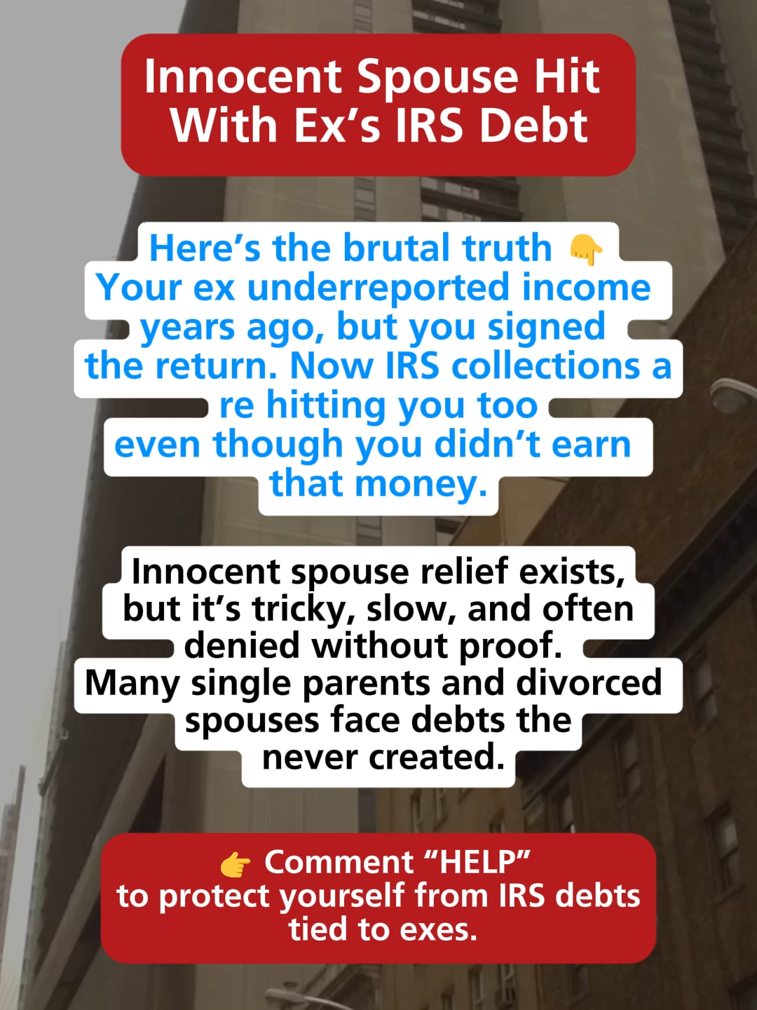 Innocent Spouse Debt Ex cheats on taxes, you signed return, now you owe too. Innocent spouse relief? Slow, messy, often denied. Totally unfair system.