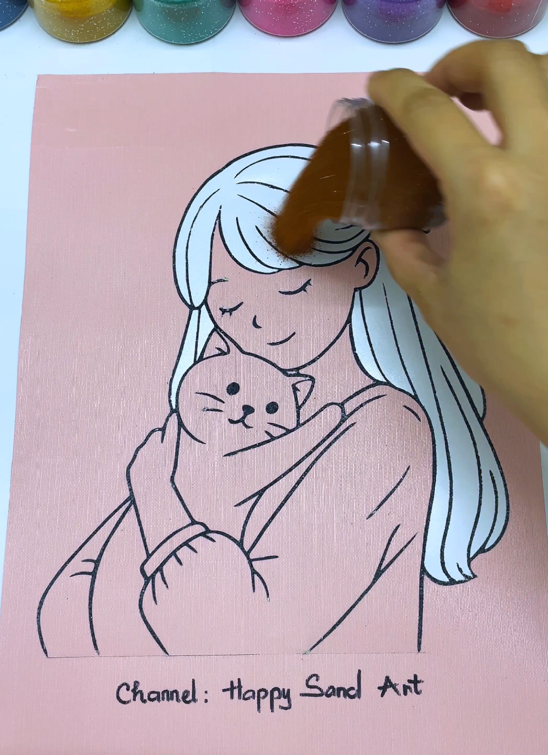 Cute Sand Art: Girl Hugging Her Cat 🐱✨ #sandpainting #satisfying #fyp #happysandart #usa