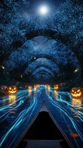 Drifting Through a Magical Autumn River At Night 🌌🍂✨  #relaxingaesthetic #fantasyworld #cinematicnature #autumnvibes #jackolantern 
