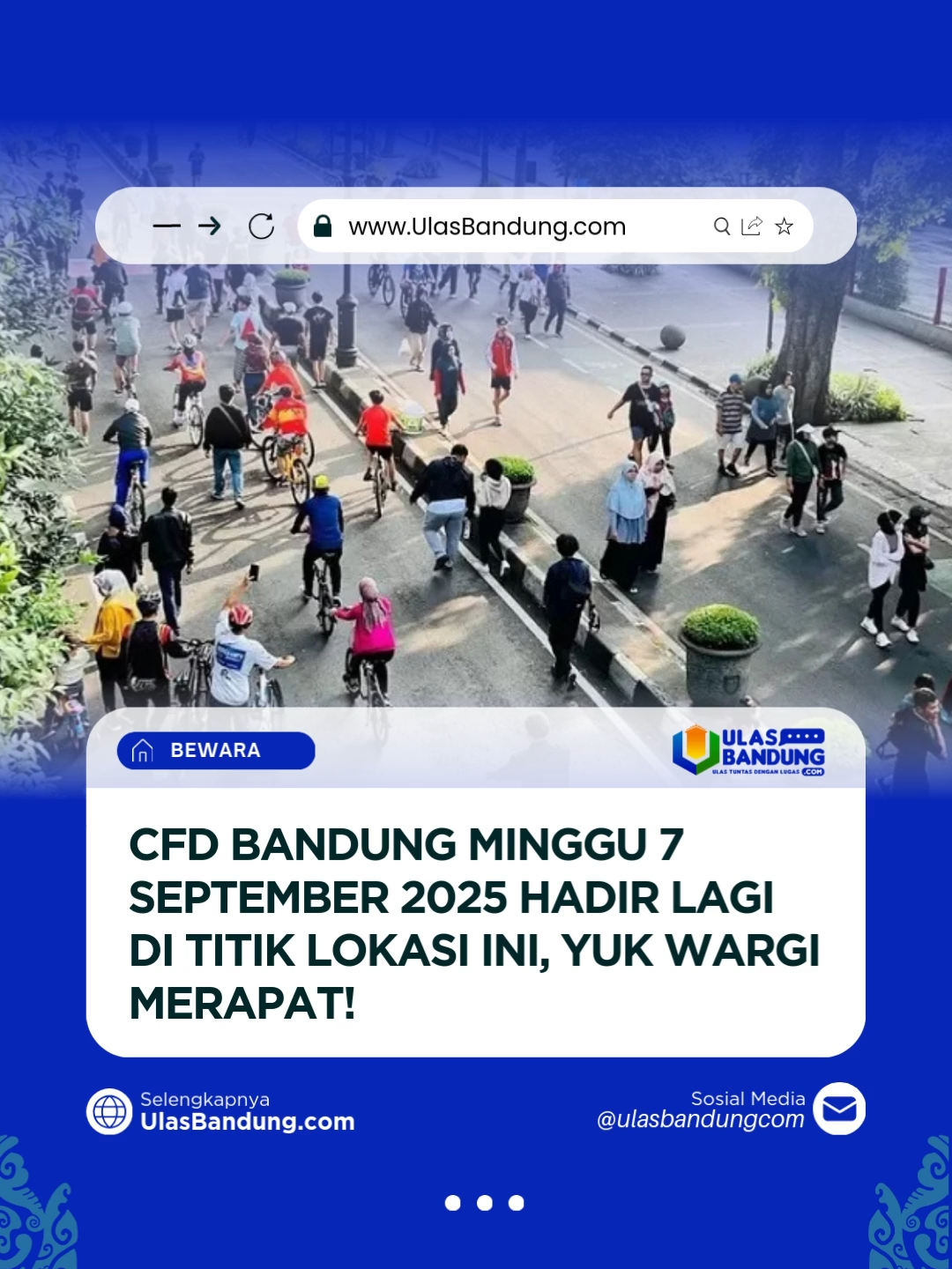 Bandung siap bebas kendaraan lagi! 🚴‍♀️✨
 CFD perdana September bakal digelar Minggu, 7 September 2025 di Dago & Buah Batu mulai pukul 06.00–10.00 WIB.
 Waktunya olahraga, healing, dan nikmatin udara segar kota tanpa polusi. 
 Jangan lupa jaga kebersihan ya, biar vibes CFD tetap nyaman buat semua! 🌿💪
 📍 Lokasi:
 - Dago (Simpang Dago – Cikapayang)
 - Buah Batu (Simpang Lima – Pasar Buah Batu)
 Siap rame-rame comeback CFD? 💙
 
 #UlasBandung #CFDBandung #UlasBandung #CarFreeDayBandung #BandungSehat #CFDBuahBatu #CFDDago #EventBandung #WargaBandung #BandungHariMinggu