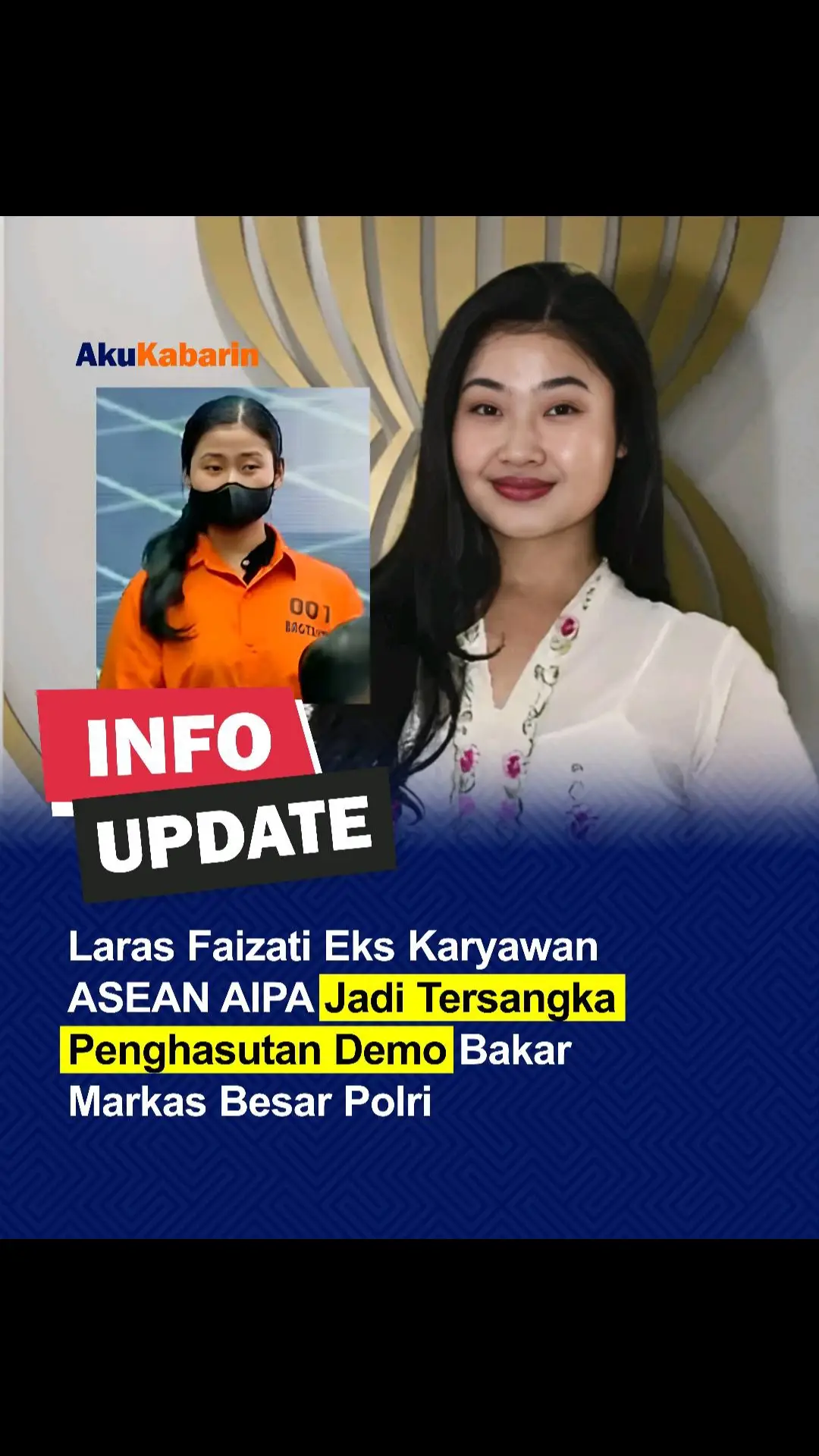 Wanita bernama Laras Faizati (26) ditetapkan sebagai tersangka oleh Bareskrim Polri usai mengunggah postingan provokasi. Laras diketahui membuat hasutan agar massa membakar gedung Mabes Polri saat aksi unjuk rasa. Laras langsung dijebloskan ke Rutan Bareskrim Polri. Laras ditangkap pada 1 September 2025 di rumahnya di Cipayung. Penyidik juga menyita sejumlah barang bukti, termasuk akun media sosial Instagram milik Laras. Tak hanya Laras, polisi juga menangkap enam tersangka lainnya. 
