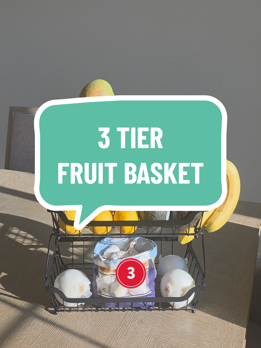 The biggest 3 tier fruit basket that can go on your countertop or pantry. #fruitbasket #fruitrack #fruitdisplay #fruitstand 