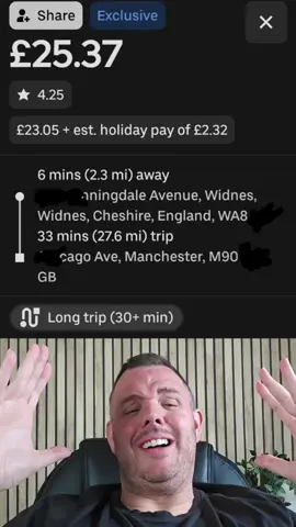Uber share job from widnes to Manchester, well less than £1 per mile. Uber drivers question is would you do it? #uber #uberdriver #ubershare #liverpool #manchester 