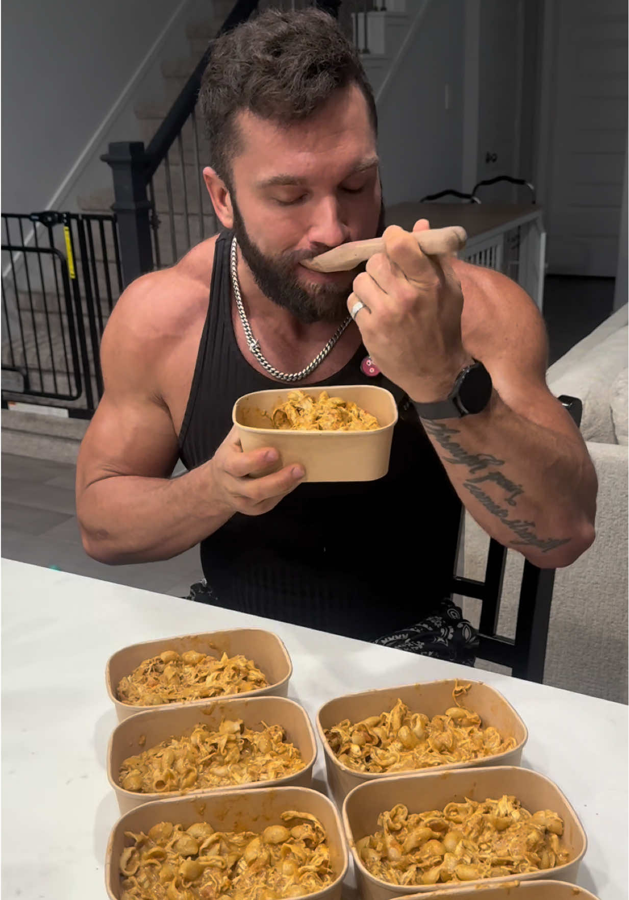 487 calories 55g protein 10.5g fats 45g carbs makes 10 servings  Butter chicken pasta meal prep  This is going into the cookbook 🔗 My Seasoning is live  My pre workout is live  Ingredients  • Add 4 lbs (1815 g) chicken breast into a crock and add the flowing  • 200 g tomato paste or sauce • 200 g diced tomatoes (diced or canned, no salt added) • 100 g onion, finely diced • 20 g fresh garlic (about 4 cloves), minced • 10-15g fresh ginger, grated • 100 mL unsweetened almond milk (or skim milk) • 30 g light butter (or ghee) • 20 g garam masala • 10 g curry powder • 5 g smoked paprika • 5 g chili powder (adjust to heat) • 10 g salt • 2 g black pepper Mix this up turn your crockpot on high for three hours  30 minutes before your chicken is done boil 16 ounces of protein pasta Your chicken is done shred your chicken up then add your pasta and the following ingredients 60 g honey  100g macros are for 100g not 50g needs more flavor I used light butter  300g plain Greek yogurt (I added 400g to make it creamier) the macros for this meal are for 300g  100G whipped cream cheese Butter seasoning  4g Mix this up let it cool down for 30 minutes. Place this and a 10 meal prep containers.  ##mealprep##crockpot##EasyRecipe##butterchicken##bodybuilding    