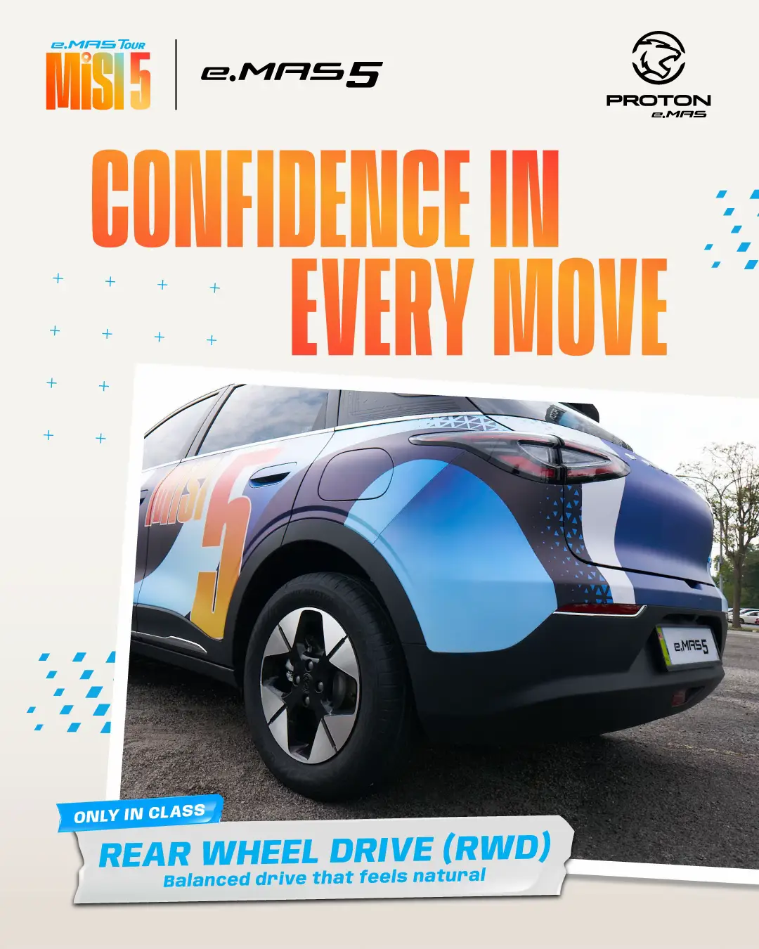 The highly anticipated Proton e.MAS 5 is built for city life. Its rear-wheel drive (RWD) gives every journey a steady, balanced feel, while the 4.95m turning radius makes parking, U-turns, and narrow streets a whole lot easier. It's urban driving taken to a whole new level. #PROTONeMAS #INSPIRINGCONNECTIONS #PROTONeMAS5 #OwnYourSpace #eMASTourMisi5