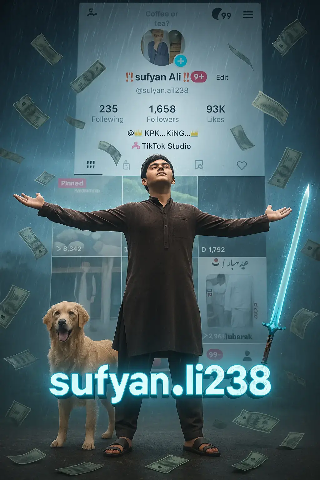 Create a cinematic digital poster for a TikTok account. In the background, clearly display the uploaded profile screenshot without binding or blurring any part. The image should remain sharp and readable showing every detail that naturally appears in the profile (such as stats, icons, texture, badges, numbers, tags, buttons) and must be fully visible and understand to the viewer. In the foreground, place the upload character image standing in a proud, victorious pose -- with both arms stretched outward (T-pose). The character's head should be tilted slightly upward, facing the sky with a heroic and thankful expression. Include a glowing blue sword by his side and his pet standing nearby. Add dramatic rain, flying money, cinematic glow and soft shadows to enhance the character and profile clearly visible and not overlapping confusi#ngly . In the center of the poster overlay bold, glowing, 3D TikTok style text: 
