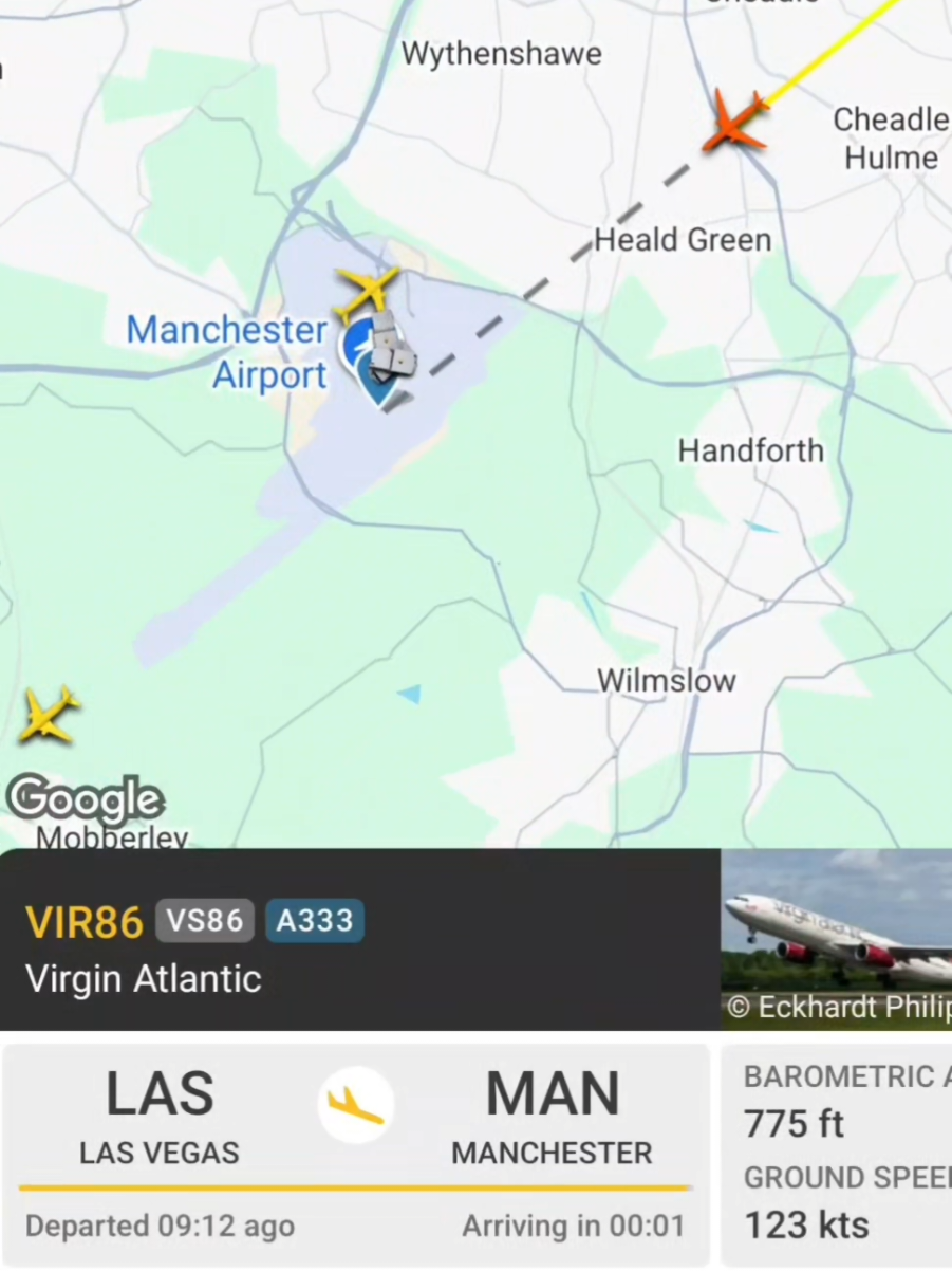 VS86 landing in Manchester fro. Las Vegas after over 9hrs in the air  . . #manchester #lasvegas #airport #flightradar24 #morning 
